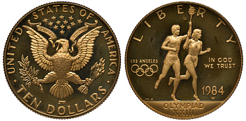 США 10 долларов 1984 W, XXIII летние Олимпийские игры в Лос-Анджелесе 1984 года, факелоносцы KM 211 золото PROOF 10-014-47