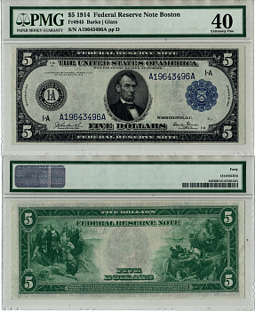 США, Federal Reserve Note 5 долларов 1914 Бостон. В слабе компании PMG. Сохранность - «40». Fr. 845  бумага   452-1-192