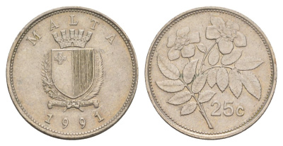 Мальта 25 центов 1991 шиповник вечнозелёный KM 97 медно-никель 4633-1157