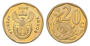 ЮАР 20 центов 2000 герб, цветок протея KM 225 сталь плакированная латунью UNC 4694-921