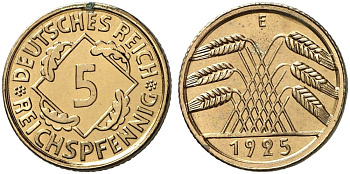 Германия 5 рейхспфеннигов 1925 E, тираж 61 экземпляров в пруфе KM 39, J. 316 алюминиевая бронза PROOF 10-009-40