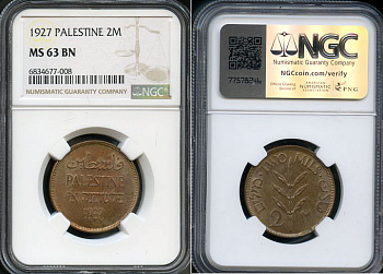 Израиль, Палестина 2 милс 1927 Британская Администрация (1927-1948), в слабе NGC MS 63 BN KM 2 бронза  UNC  15-011-09