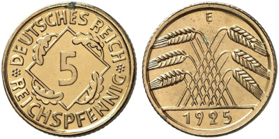 Германия 5 рейхспфеннигов 1925 E, тираж 61 экземпляров в пруфе KM 39, J. 316 алюминиевая бронза PROOF 10-009-40
