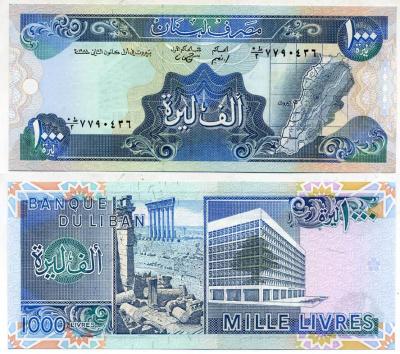 ЛИВАН 1000 ЛИВРОВ 1988 ЛИВАН НА КАРТЕ, ДРЕВНИЕ РУИНЫ И СОВРЕМЕННОЕ ЗДАНИЕ Pick 69а бумага UNC (ПРЕСС) 7552-45-2