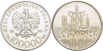 Польша 100000 злотых 1990 10 лет профсоюзу "Солидарность" (1980-1990) KM 196.1, Parchimowicz 619a серебро UNC 1080-3-52