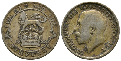 Великобритания 6 пенсов 1922 Георг V (1910-1936) KM 815а.1, Spink 4024 серебро 4178-121