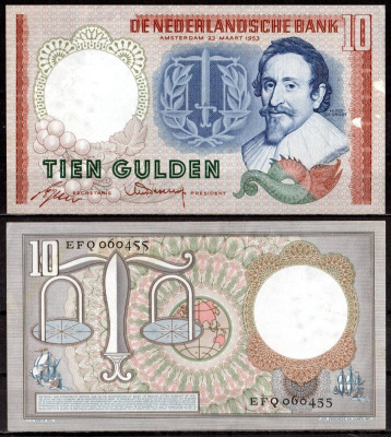 Нидерланды 10 гульденов 1953 Хьюго де Грyт. Весы Pick 85 бумага aUNC 451-1081-3