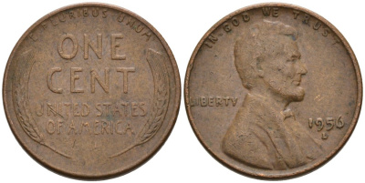 США 1 цент 1956 D, Линкольн KM А132 медь цинк 4564-258
