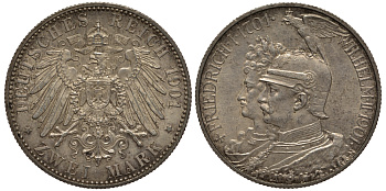 Пруссия 2 марки 1901 A, 200 лет Прусской королевской династии (Фридрих I - Вильгельм II) J.105, Weege 105, KM 525 серебро 3711-1115