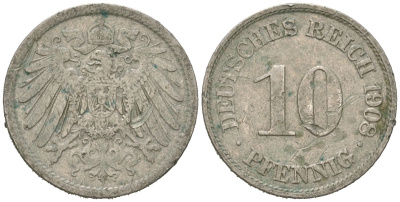 Германия 10 пфеннигов 1908 A, Вильгельм II (1888-1918) KM 12, J. 13 медно-никель 4615-749