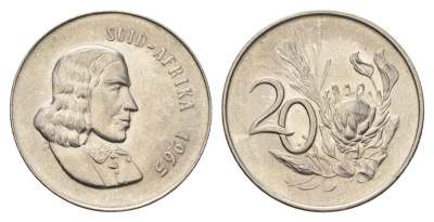 ЮАР 20 центов 1965 Ян ван Рибек (1619-1677), Suid Africa, легенда на африкаанс, цветок протея KM 69.2 никель 4693-645
