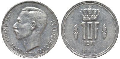 Люксембург 10 франков 1971 Великий герцог Жан (1964-2000) KM 57 никель 4144-142