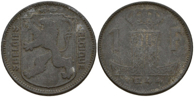 Бельгия 1 франк 1944 Belgie - Belgique, Леопольд III (1934-1947), германская оккупация, Вторая мировая война KM 128 цинк 4161-545