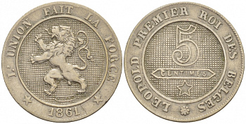 Бельгия 5 сантимов 1861 BELGES KM 21 медно-никель 4127-234