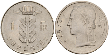 Бельгия 1 франк 1974 Belgie KM 143.1 медно-никель  UNC  4187-156