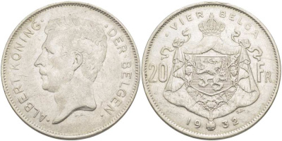 БЕЛЬГИЯ 20 ФРАНКОВ 1932 АЛЬБЕРТ I (1909-1934), BELGEN KM 102 никель 1517-614