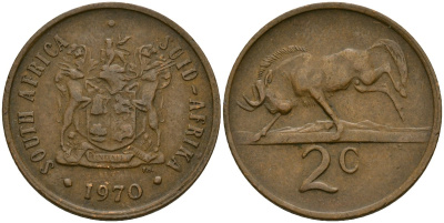ЮАР 2 цента 1970 герб, антилопа гну KM 83 бронза 4135-941