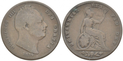 Великобритания 1 фартинг 1834 Вильгельм IV (1830-1837) KM 705, Spink 3848 медь 1515-2135