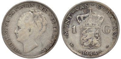 Нидерландское Кюрасао 1 гульден 1944 D, Вильгельмина (1890-1948) KM 45 серебро 36-551