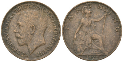 Великобритания 1 фартинг 1920 Георг V (1910-1936) KM 808.2, Spink 4060 бронза 4617-859