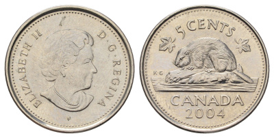 Канада 5 центов 2004 P, Елизавета II (1952-2022), бобр KM 491 сталь плакированная никелем UNC 4689-455