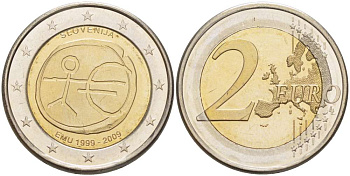 Словения 2 евро 2009 10 лет монетарной политики ЕС (EMU) и введения евро KM 82 биметалл UNC 4517-734