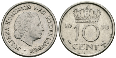 НИДЕРЛАНДЫ 10 ЦЕНТОВ 1950 ЮЛИАНА KM 182 никель 96-466