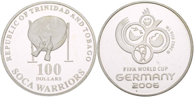 Тринидад и Тобаго 100 долларов 2002 чемпионат мира по футболу в Германии 2006 года, FIFA, микроцарапины KM серебро PROOF 1088-5-51