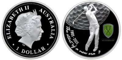 Австралия 1 доллар 2005 100 лет чемпионату мира по гольфу среди профессионалов (Professional Golfer's Association Championship), тираж 7500 экземпляров, в оригинальной коробке KM 831 серебро PROOF 8-1-05-09