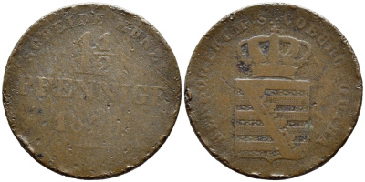 САКСЕН-КОБУРГ-ГОТА 1 1/2 ПФЕННИГА 1835 KM 85 медь 84-1554