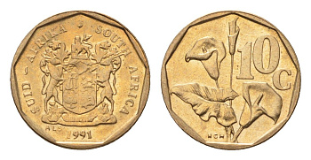 ЮАР 10 центов 1991 герб, цветок алоэ KM 135 сталь плакированная бронзой UNC 4694-638