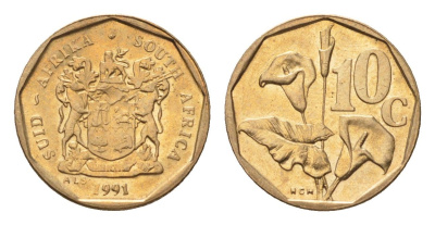 ЮАР 10 центов 1991 герб, цветок алоэ KM 135 сталь плакированная бронзой UNC 4694-638
