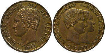 Бельгия 10 сантимов 1853 Свадьба Леопольда и Марии Генриетте, Леопольд I (1831-1865), малая дата X M1.2, Morin 3b медь 4557-1214