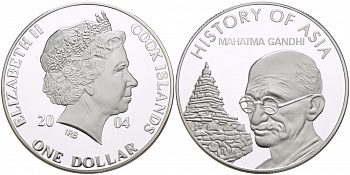 Острова Кука 1 доллар 2004 история Азии, Махатма Ганди KM 1156 медно-никель PROOF 01-232-51
