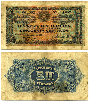 Мозамбик, Португальский 50 сентаво 1919 15 сентября 1919, БАНК BEIRA, подпись МАЛЕНЬКАЯ ФАКСИМИЛЬНАЯ Pick R3b бумага 6299-10-1-2