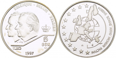 Бельгия 5 экю 1997 40 лет Римскому договору, портреты Альберта II и Бодуэна KM 205 серебро PROOF 1068-4-33