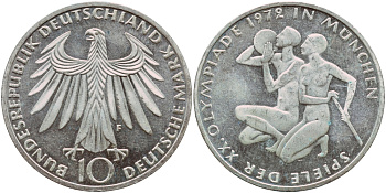 ФРГ 10 марок 1972 F, XX летние Олимпийские Игры, Мюнхен 1972, спортсмены KM 132, J.403 серебро aUNC 1522-414