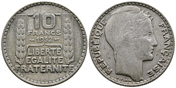 Франция 10 франков 1932 Пьер Тюрен KM 878, Le Franc 360.5 серебро 4683-1035