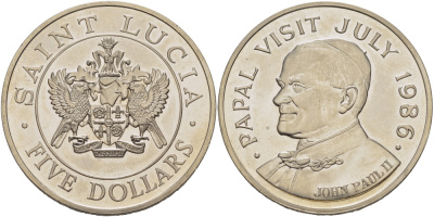 СЕНТ-ЛЮЧИЯ 5 ДОЛЛАРОВ 1986 ВИЗИТ ПАПЫ ИОАННА ПАВЛА II KM 14 медно-никель UNC 1081-4-41