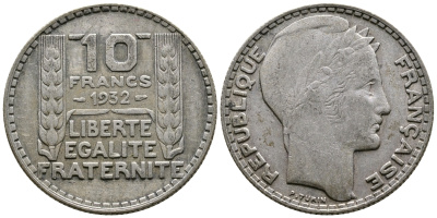 Франция 10 франков 1932 Пьер Тюрен KM 878, Le Franc 360.5 серебро 4683-1035