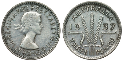 Австралия 3 пенса 1957 m, Елизавета II (1952-2022) KM 57 серебро 71-465