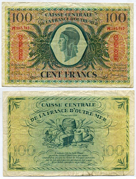 Гваделупа 100 франков 1944 товары для торговли Pick 29 а бумага 451-240-2