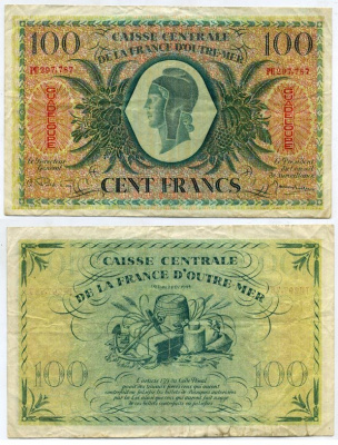 Гваделупа 100 франков 1944 товары для торговли Pick 29 а бумага 451-240-2