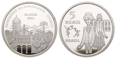 Бразилия 5 реалов 2016 ЮНЕСКО - Олинда, тираж 3.000 экземпляров, в оригинальной коробке, с сертификатом KM 732 серебро  PROOF  3-6-1-09