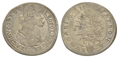 Венгрия 15 крейцеров 1675 KB, Леопольд I (1657-1705) KM 175, EH 1058 серебро 650-635