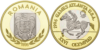 Румыния 100 леев 1996 XXVI Олимпийские игры 1996 года в Атланте, 100 лет Олимпийскому движению, скачки, пробный выпуск KM PnB 315C биметалл  PROOF  11-159-43