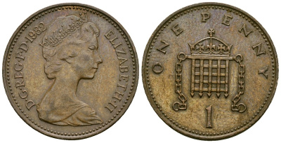 Великобритания 1 пенни 1982 Елизавета II (1952-2022) KM 927, Spink 4238 (B2) бронза 4582-1131