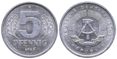 ГДР 5 ПФЕННИГОВ 1983 A КМ 9.2 алюминий 26-852