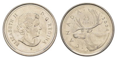Канада 25 центов 2004 P, Елизавета II (1952-2022), олень KM 493 сталь плакированная никелем aUNC 4631-715