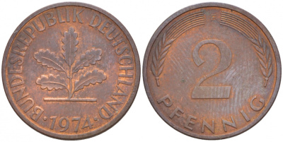 ФРГ 2 ПФЕННИГА 1974 F KM 106а, J. 381а сталь плакированная сталь плакированная медьюю 4547-1153